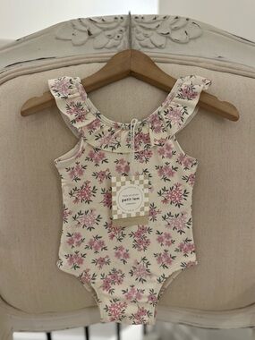 🤍 12~18 Mth Petit Lem Pink Ditsy Floral Ivory One Piece Ruffle Baby Swimsuit NWT